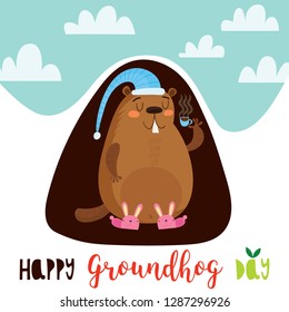 Happy Groundhog Day. Greeting card with cute cartoon marmot. Hand-drawn illustration-Vector