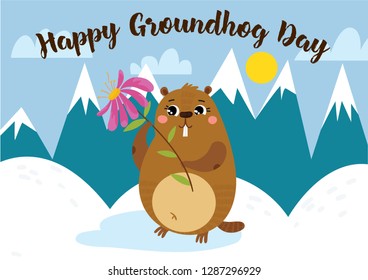 Happy Groundhog Day. Greeting card with cute cartoon marmot. Hand-drawn illustration-Vector