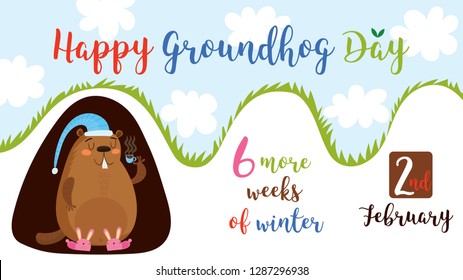 Happy Groundhog Day. Greeting card with cute cartoon marmot. Hand-drawn illustration-Vector