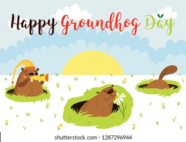 Happy Groundhog Day. Greeting card with cute cartoon marmot. Hand-drawn illustration-Vector