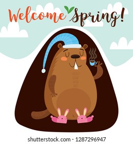 Happy Groundhog Day. Greeting card with cute cartoon marmot. Hand-drawn illustration-Vector