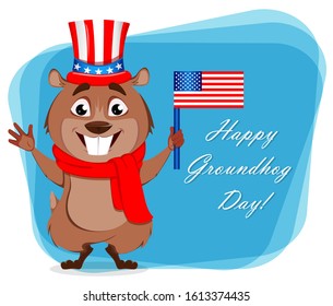 Happy Groundhog Day greeting card. Cute groundhog cartoon character holding USA flag. Stock vector