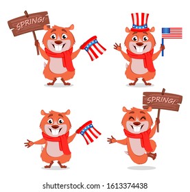 Happy Groundhog Day greeting card. Cute groundhog cartoon character, set of four poses. Stock vector
