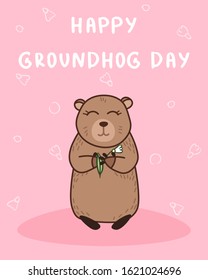 happy groundhog day greeting card with cute wild animal and cartoon hand drawing doodle elements on pink background, editable vector illustration for poster, banner, spring decoration