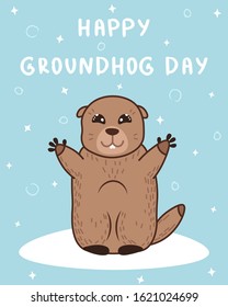 happy groundhog day greeting card with cute wild animal and cartoon hand drawing doodle elements on blue background, editable vector illustration for poster, banner, spring decoration
