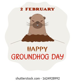 Happy groundhog day greeting card design. Cartoon animal groundhog in the hole. Cute marmot on a background of sunlight. Vector illustration for poster, banner, card. American holiday concept