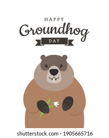 Happy Groundhog Day greeting card or poster design with text and cute marmot with snowdrop flower on white background. - Vector