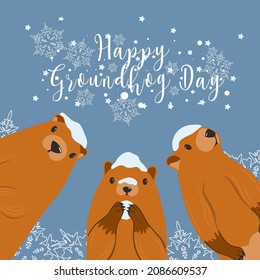 Happy Groundhog Day greeting card. Happy marmot Day Typographic Vector Design with Cute Groundhog Character - Advertising Poster or Flyer Template. Trendy abstract art templates with marmot, snow. Fla