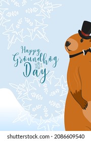 Happy Groundhog Day greeting card. Happy marmot Day Typographic Vector Design with Cute Groundhog Character - Advertising Poster or Flyer Template. Trendy abstract art templates with marmot, snow. Fla