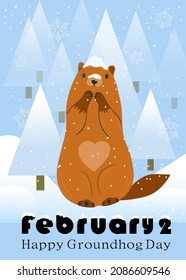 Happy Groundhog Day greeting card. Happy marmot Day Typographic Vector Design with Cute Groundhog Character - Advertising Poster or Flyer Template. Trendy abstract art templates with marmot, snow. Fla