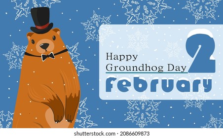 Happy Groundhog Day greeting card. Happy marmot Day Typographic Vector Design with Cute Groundhog Character - Advertising Poster or Flyer Template. Trendy abstract art templates with marmot, snow. Fla