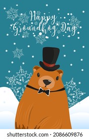 Happy Groundhog Day greeting card. Happy marmot Day Typographic Vector Design with Cute Groundhog Character - Advertising Poster or Flyer Template. Trendy abstract art templates with marmot, snow. Fla