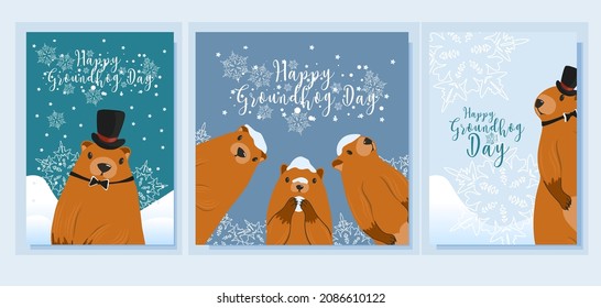 Happy Groundhog Day greeting card. Happy marmot Day Typographic Vector Design with Cute Groundhog Character - Advertising Poster or Flyer Template. Trendy abstract art templates with marmot, snow. Fla