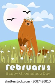 Grußkarte für den Groundhog Day. Happy marmot Day typografische Vektorgrafik Design mit Cute Groundhog Charakter - Werbeplakat