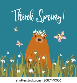 Happy Groundhog Day greeting card. Happy Groundhog Day Typographic Vector Design with Cute Groundhog Character - Think Spring