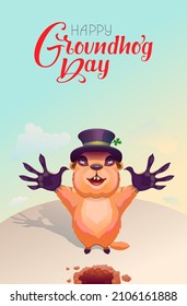 Happy groundhog day greeting card template. Cute groundhog welcome spring text ornate lettering. Vector cartoon illustration