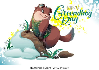 Happy Groundhog day greeting card template text lettering. Marmot crawling out of hole prediction spring weather forecast. Vector cartoon illustration