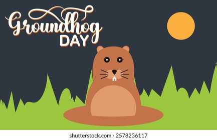 Happy Groundhog Day greeting card with hand drawn lettering and cute groundhog . Vector illustration. EPS 10