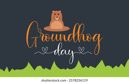 Happy Groundhog Day greeting card with hand drawn lettering and cute groundhog . Vector illustration. EPS 10