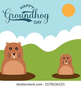 Happy Groundhog Day greeting card with hand drawn lettering and cute groundhog . Vector illustration. EPS 10