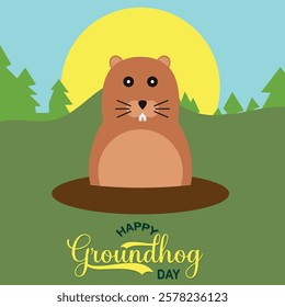 Happy Groundhog Day greeting card with hand drawn lettering and cute groundhog . Vector illustration. EPS 10