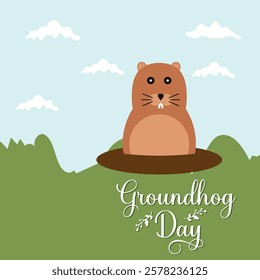 Happy Groundhog Day greeting card with hand drawn lettering and cute groundhog . Vector illustration. EPS 10