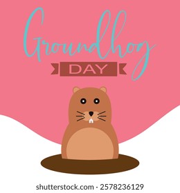 Happy Groundhog Day greeting card with hand drawn lettering and cute groundhog . Vector illustration. EPS 10