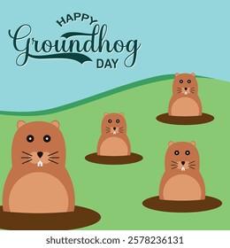 Happy Groundhog Day greeting card with hand drawn lettering and cute groundhog . Vector illustration. EPS 10