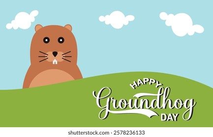 Happy Groundhog Day greeting card with hand drawn lettering and cute groundhog . Vector illustration. EPS 10