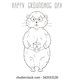 Happy Groundhog Day greeting card with cute cartoon groundhog. Vector illustration.