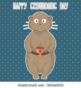 Happy Groundhog Day greeting card with cute cartoon groundhog. Vector illustration.