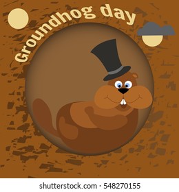 Happy Groundhog Day. Greeting card flat style. Celebration of spring. Marmot in the cylinder awoke in his hole.