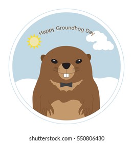 Happy Groundhog Day. Greeting card with cute groundhog in frame. Vector illustration.