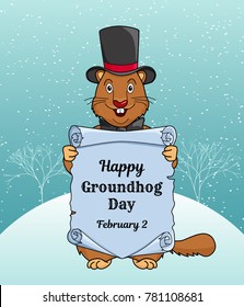 Happy Groundhog day greeting card or a vertical banner. Cartoon design with a cute little beast in a hat and bow tie. Congratulatory inscription on an old scroll. Vector illustration.