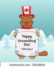 Happy Groundhog day greeting card or a vertical banner. Cartoon design with a cute little beast in a Canada flag hat on his head. Congratulatory inscription on an old scroll. Vector illustration.