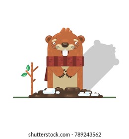 Happy Groundhog Day with Groundhog,Flat vector illustration