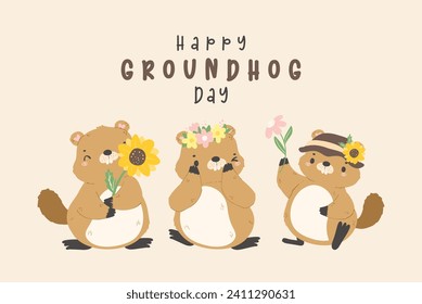 Happy groundhog day with group of cheerful cartoon groundhogs celebrating early spring banner.