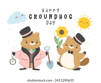 Happy groundhog day with group of cheerful cartoon groundhogs celebrating early spring banner.