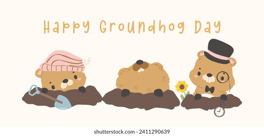Happy groundhog day with group of cheerful cartoon groundhogs in burrow predicting weather banner.