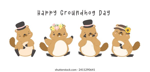 Happy groundhog day with group of cheerful cartoon groundhogs banner.