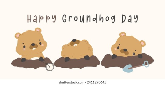 Happy groundhog day with group of cheerful cartoon groundhogs in burrow predicting weather banner.