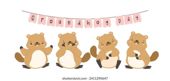 Happy groundhog day with group of cheerful cartoon groundhogs banner.