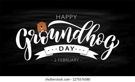 Happy Groundhog Day. Hand drawn lettering text with cute groundhog. 2 February. Vector illustration. Script. Calligraphic design for print greetings card, banner, poster. Colorful