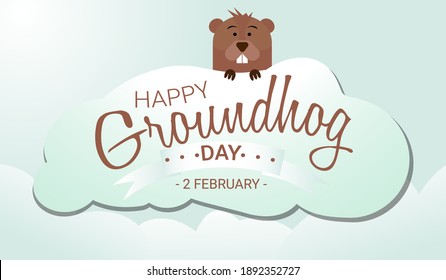 Happy Groundhog Day. Hand drawn lettering text with cute groundhog. 2 February. Vector illustration. Script. Calligraphic design for print greetings card, banner, poster. Colorful