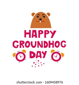 Happy Groundhog Day. Hand drown lettering phrase. Alarm clock. For poster, greeting card, flyer. Vector illustration.