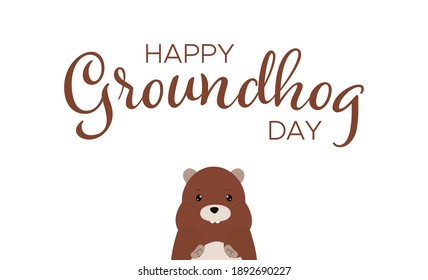 Happy Groundhog Tag handgeschriebener Text mit scharfem Cartoon Marmot. Vektorgrafik