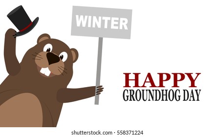 Happy Groundhog Day. Groundhog Holding Cylinder Hat And A Sign With The Text Winter