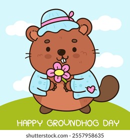 Happy Groundhog Day holding pink flower nature kawaii sticker. Cute woodland animals (Woodchuck cartoon) Forecast weather. Harbingers of spring. Vector illustration Flat clipart banner and background.