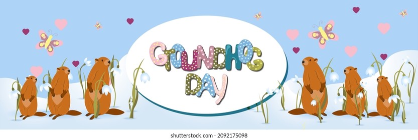 Happy groundhog Day. horizontal banner of marmots. Text lettering for greeting card. Vector cartoon illustration. Cute marmot day poster as a funny woodchuck cartoon. February 2.