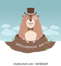 Happy Groundhog day illustration with cute marmot in gentleman hat